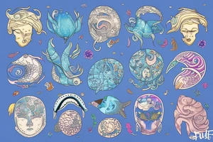 Harmony with ocean animals balance brain tattoo idea