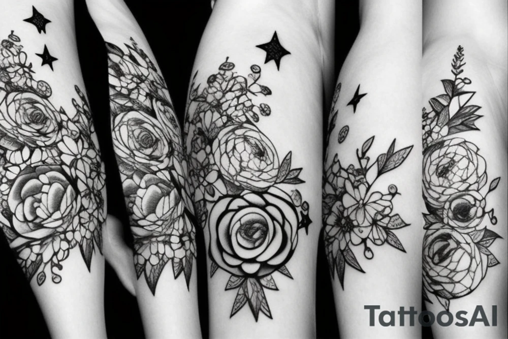 Peonies, twinkles and stars tattoo idea