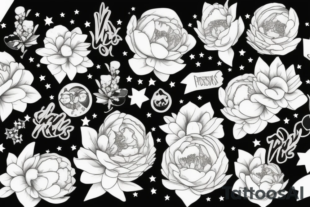 Peonies with twinkles and stars tattoo idea