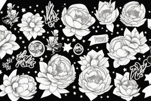 Peonies with twinkles and stars tattoo idea