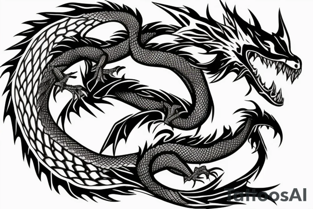 A dragon resting in the base of a giant tree tattoo idea