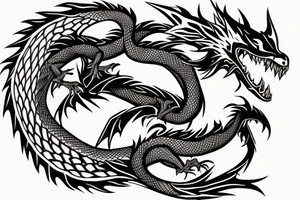 A dragon resting in the base of a giant tree tattoo idea