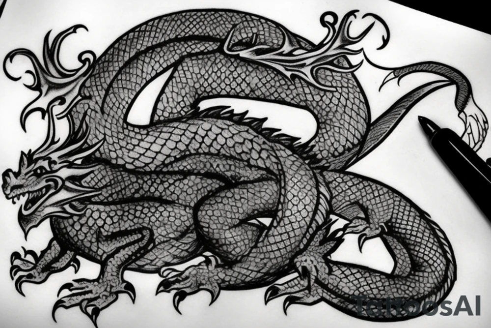 A dragon resting in the base of a giant tree tattoo idea