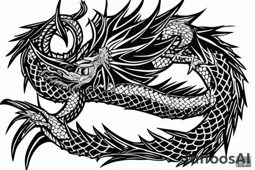A dragon resting in the base of a giant tree tattoo idea