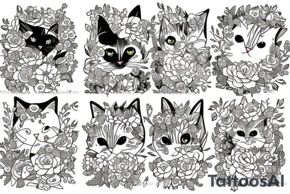 a stretching cat made of flowers tattoo idea
