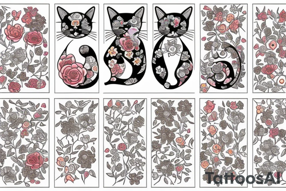 a stretching cat made of flowers tattoo idea