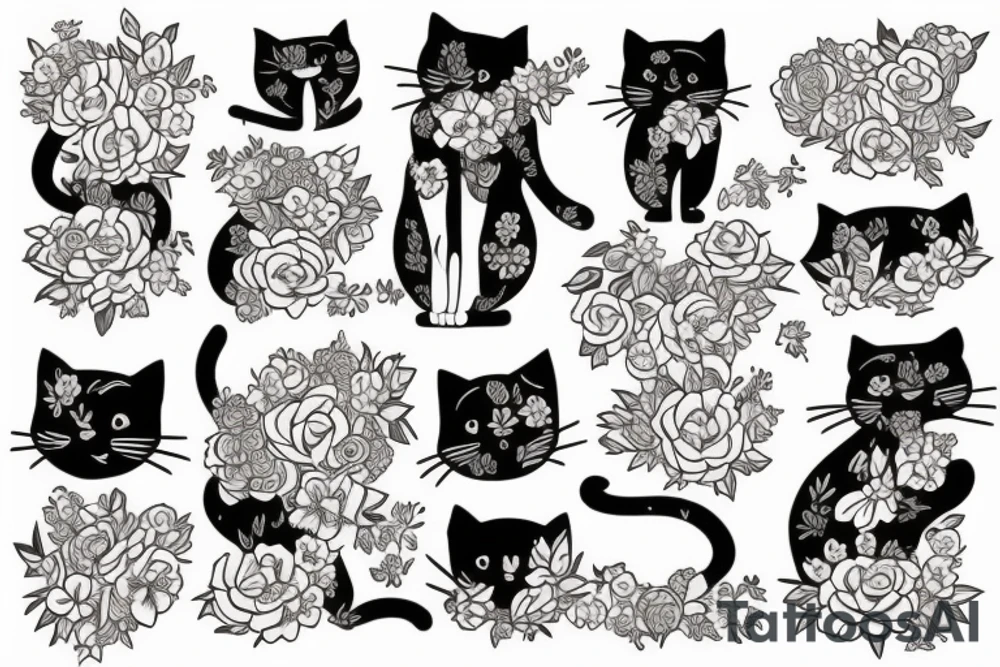 a stretching cat made of flowers tattoo idea