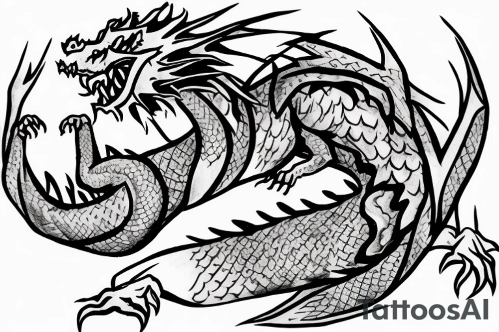 A dragon resting in the base of a giant tree tattoo idea