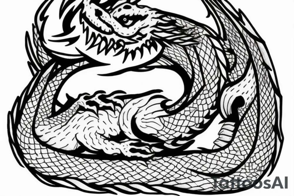 A dragon resting in the base of a giant tree tattoo idea