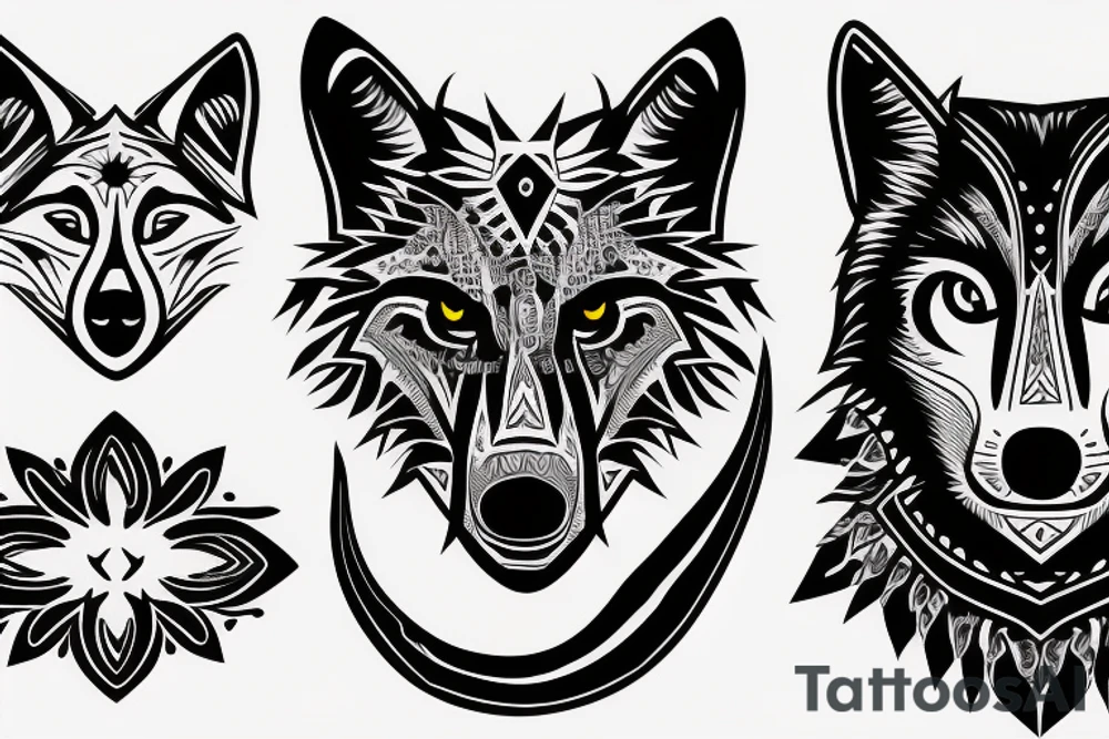 Black wolf with some tribal maybe moon sign tattoo idea