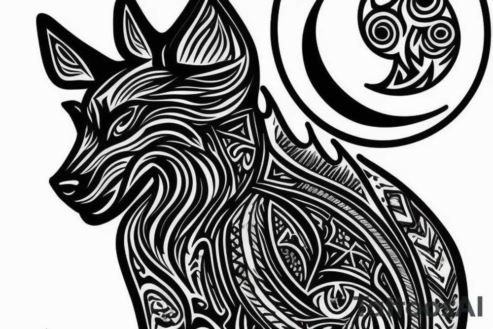 Black wolf with some tribal maybe moon sign tattoo idea