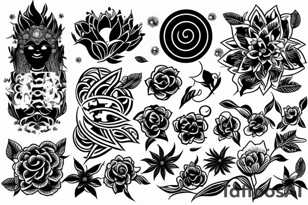black spiritual symbols flowers tattoo idea