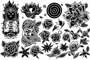 black spiritual symbols flowers tattoo idea