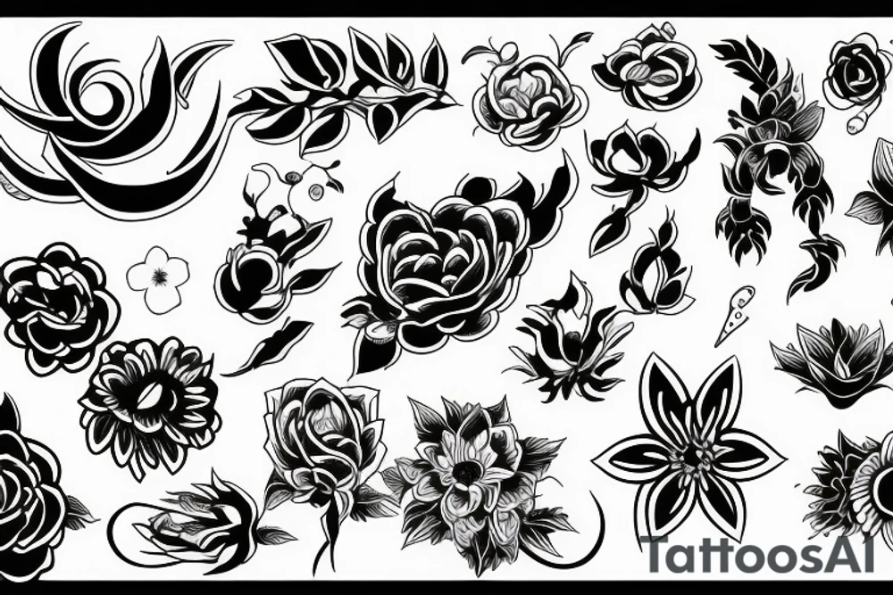 black spiritual symbols flowers tattoo idea