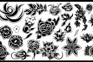 black spiritual symbols flowers tattoo idea
