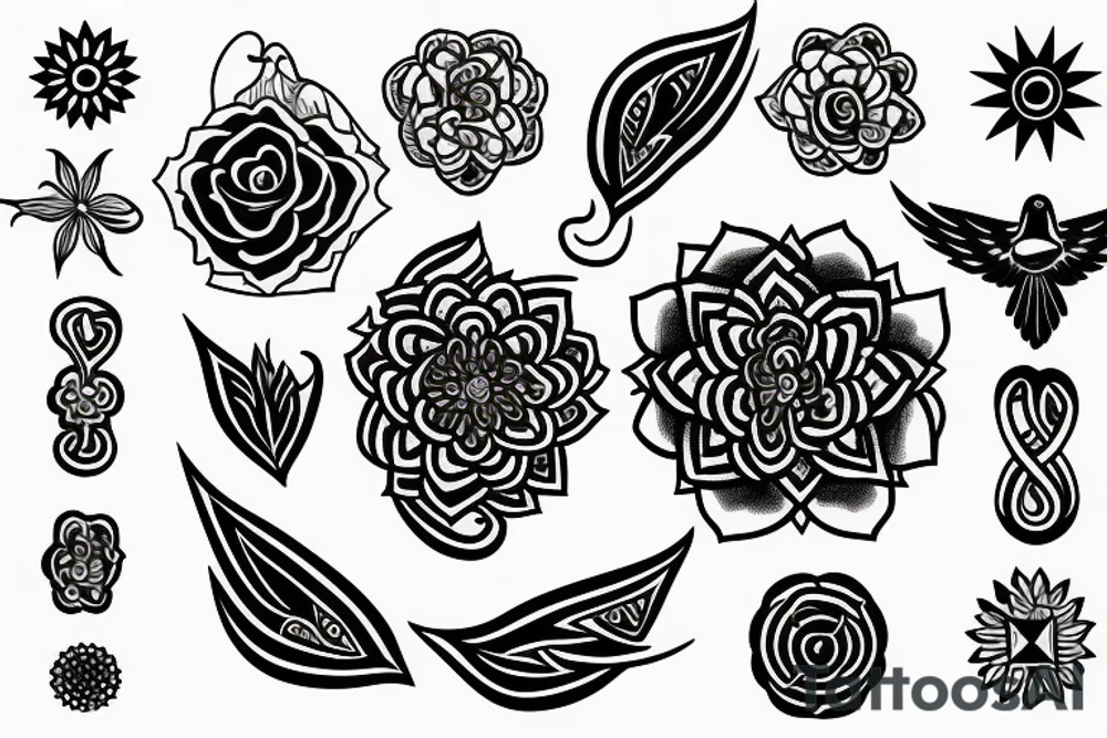 black spiritual symbols flowers tattoo idea