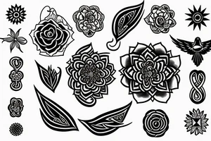 black spiritual symbols flowers tattoo idea