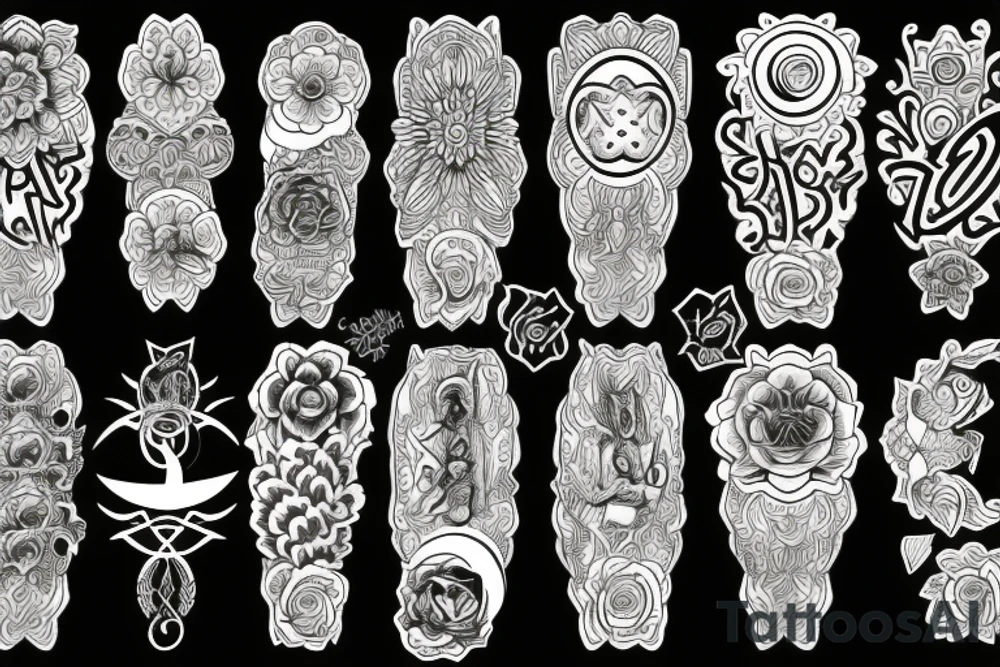 black spiritual symbols flowers tattoo idea