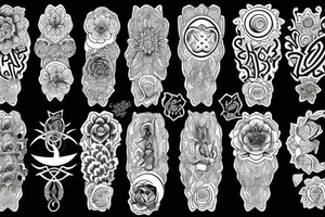 black spiritual symbols flowers tattoo idea