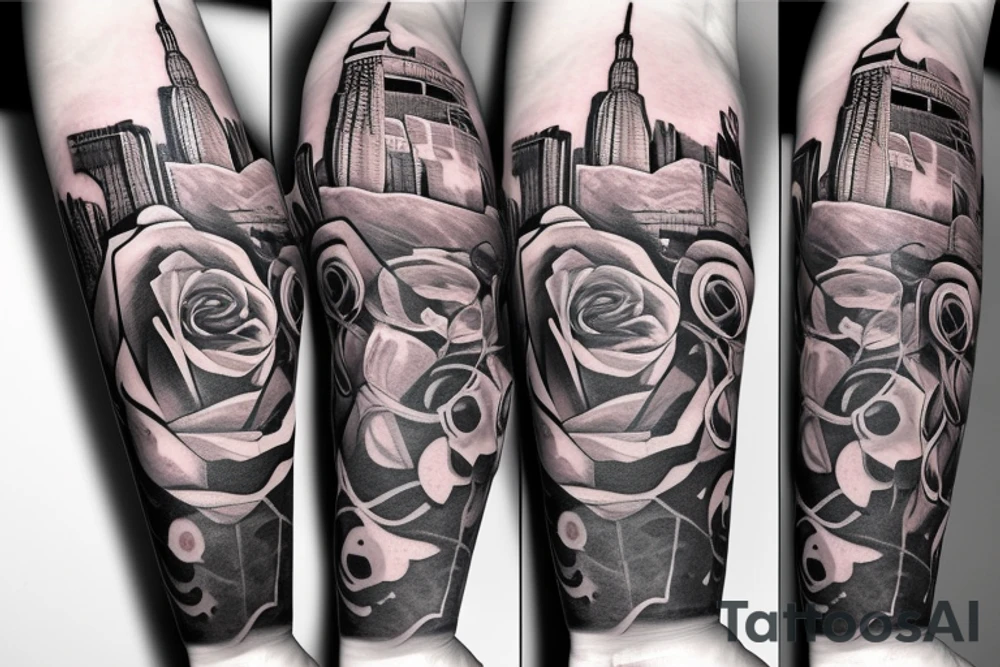 Spary painted Rose with the newyork in the background overgrown wrapped in vines tattoo idea