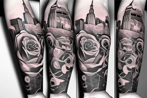 Spary painted Rose with the newyork in the background overgrown wrapped in vines tattoo idea