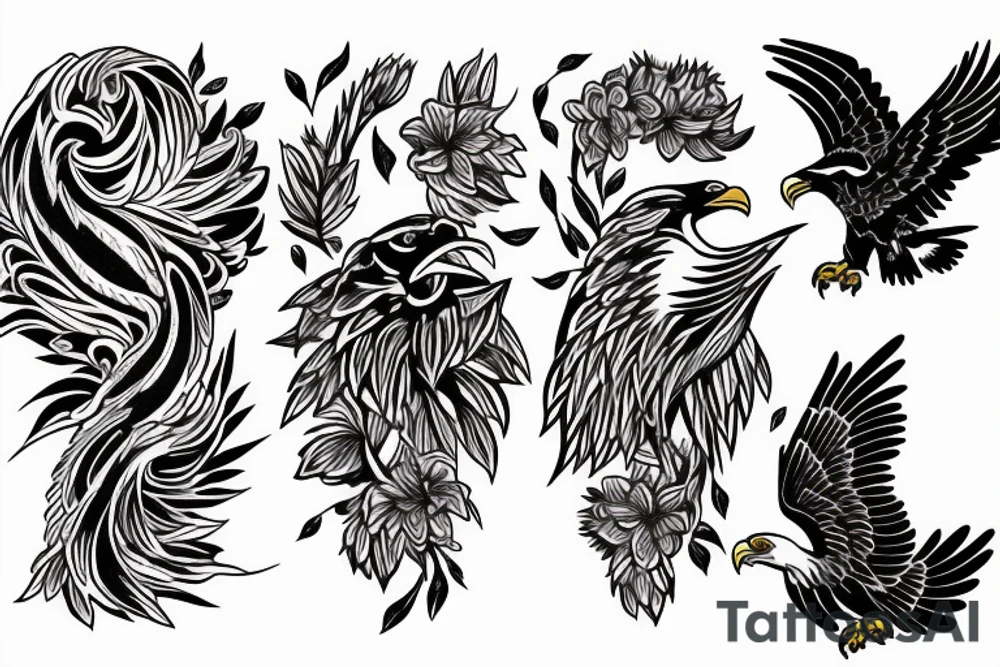 Eagle fights with smake in the background of the flower tattoo idea