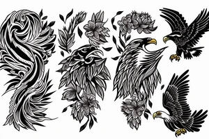 Eagle fights with smake in the background of the flower tattoo idea