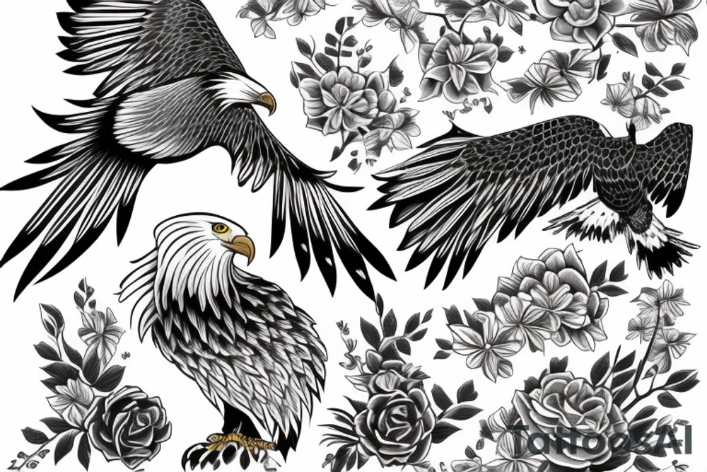 Eagle fights with smake in the background of the flower tattoo idea