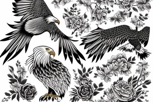 Eagle fights with smake in the background of the flower tattoo idea
