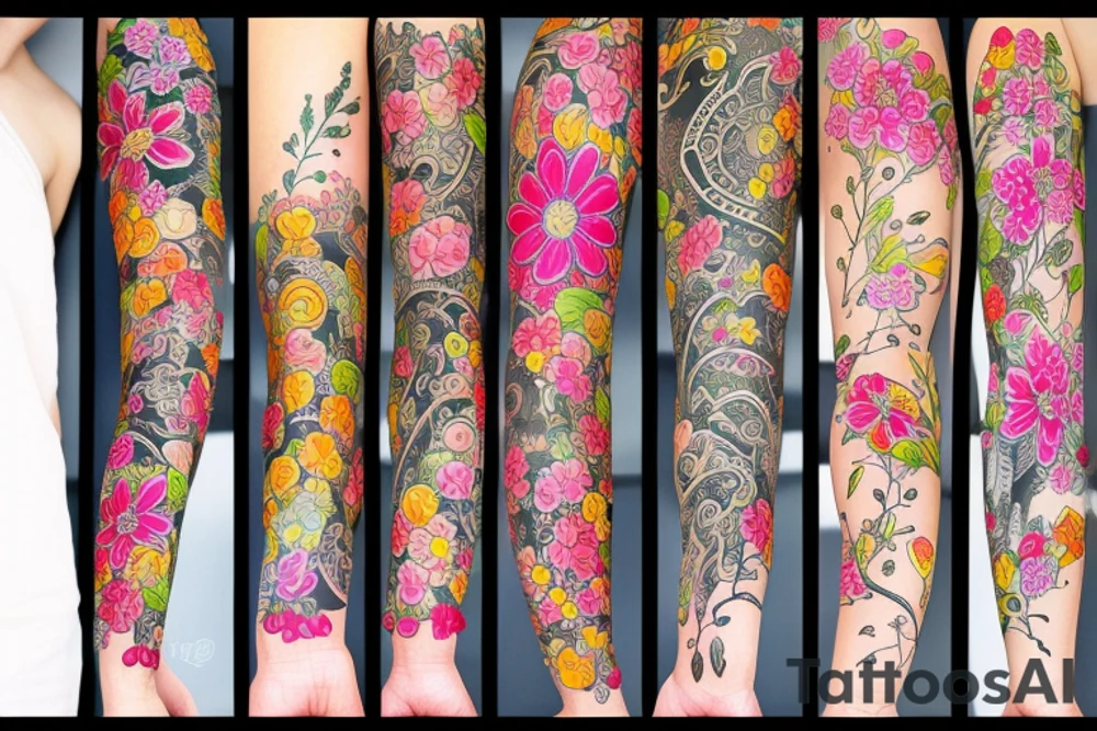 field of different type of flowers that wrap around the whole arm tattoo idea