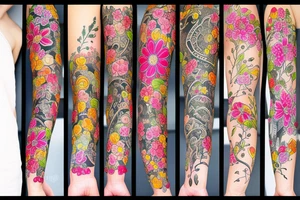 field of different type of flowers that wrap around the whole arm tattoo idea