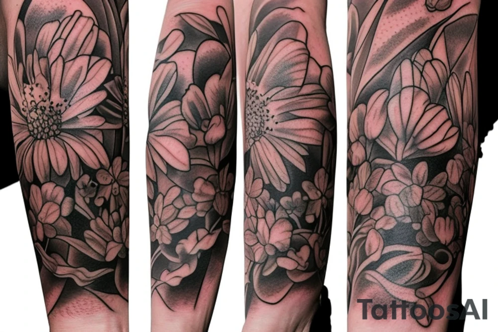 field of different type of flowers that wrap around the whole arm tattoo idea