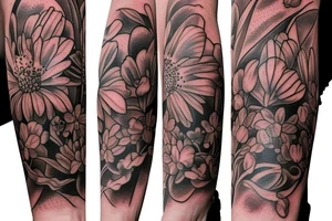 field of different type of flowers that wrap around the whole arm tattoo idea