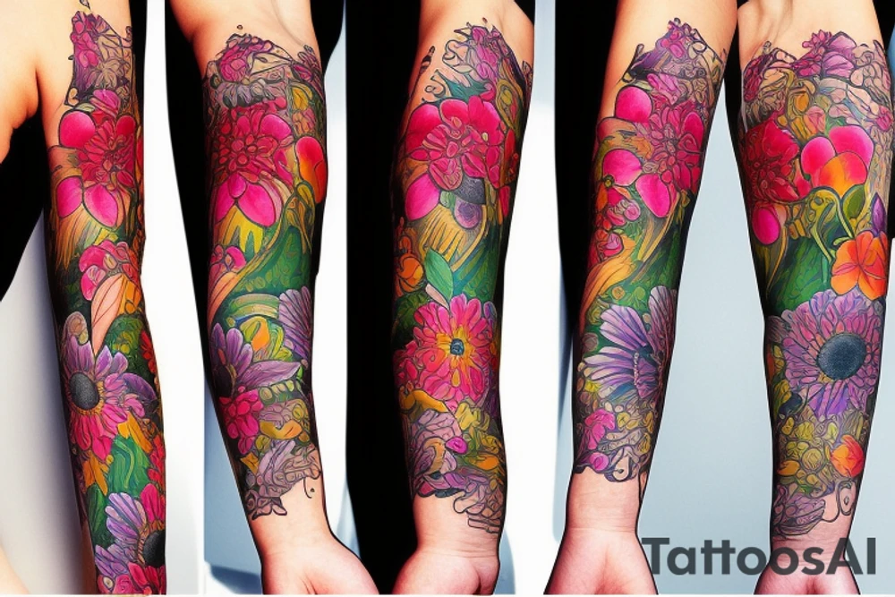 field of different type of flowers that wrap around the whole arm tattoo idea