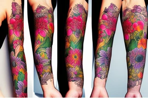 field of different type of flowers that wrap around the whole arm tattoo idea
