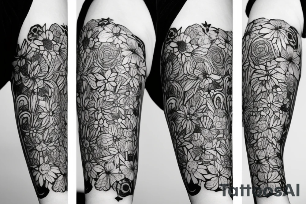 field of different type of flowers that wrap around the whole arm tattoo idea