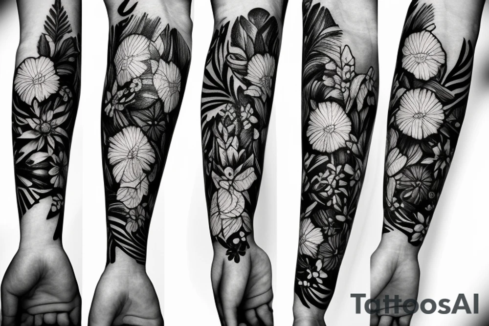 field of different type of flowers that wrap around the whole arm tattoo idea