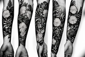 field of different type of flowers that wrap around the whole arm tattoo idea