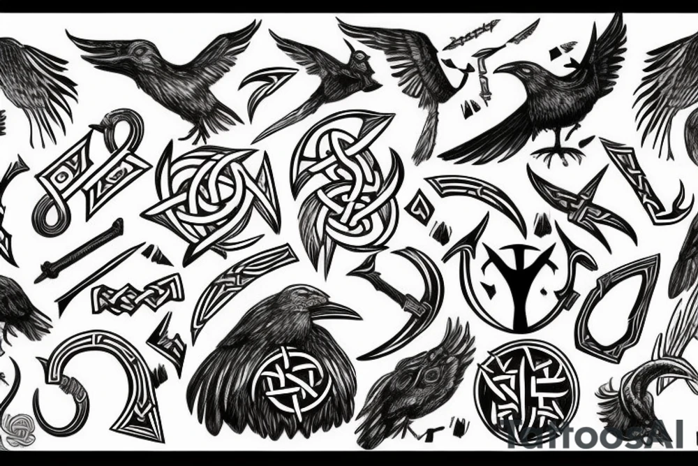 norse mythology style, runes, raven, viking tattoo idea