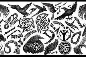 norse mythology style, runes, raven, viking tattoo idea