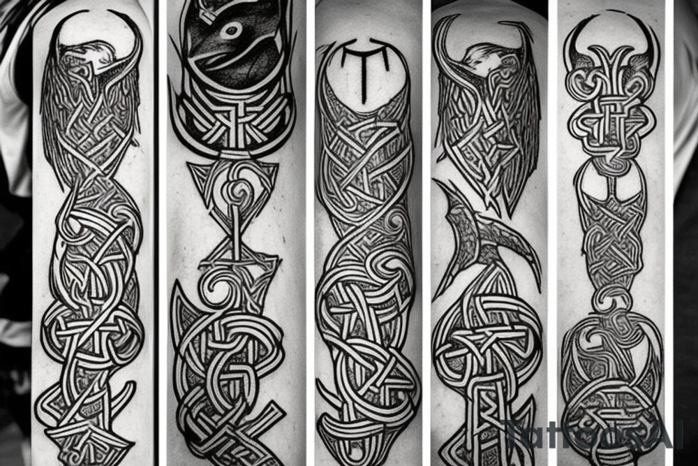 norse mythology style, runes, raven, viking tattoo idea