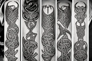 norse mythology style, runes, raven, viking tattoo idea