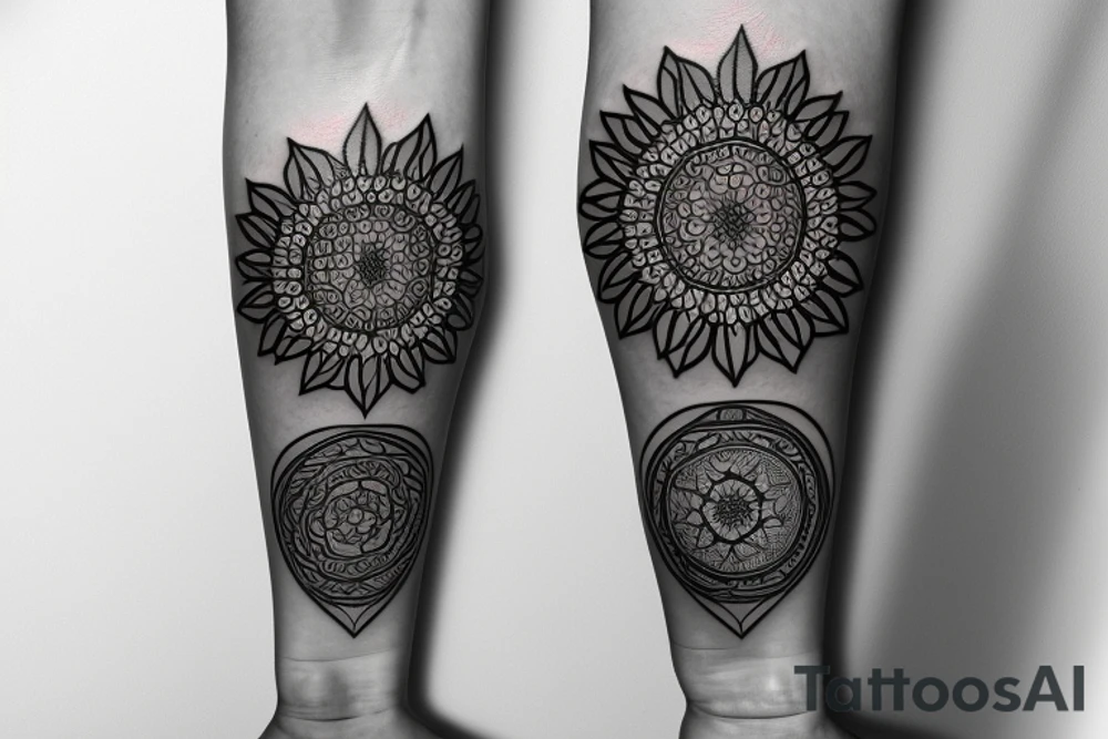 hourglass with sunflowers and mandala, word "III V MMV",  minimalist style tattoo idea