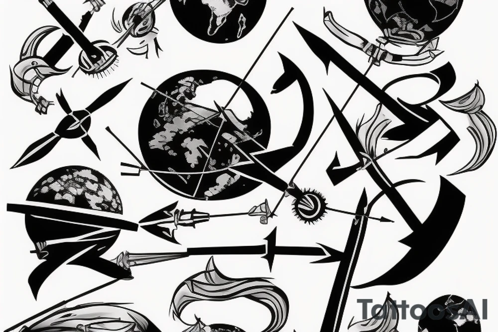 Bow and arrow aiming towards globe tattoo idea