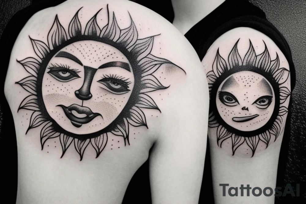 Sun with a face, detail, moon tattoo idea