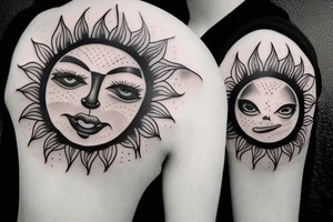Sun with a face, detail, moon tattoo idea