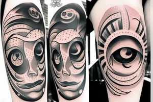 Sun with a female face, detail, moon, sun rays tattoo idea