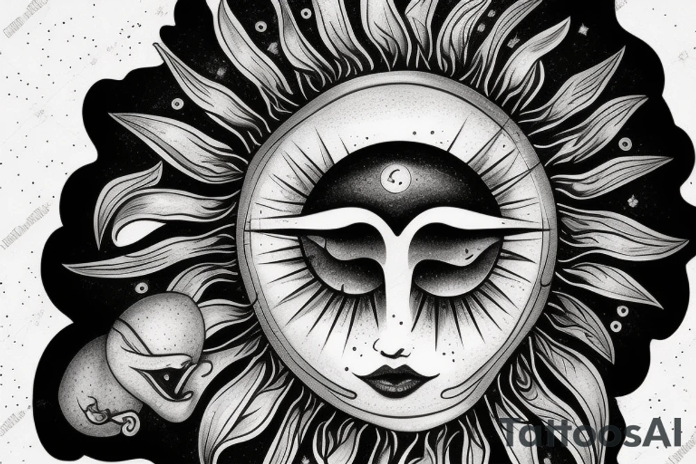 Sun with a female face, detail, moon, sun rays tattoo idea