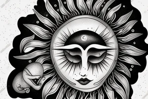 Sun with a female face, detail, moon, sun rays tattoo idea