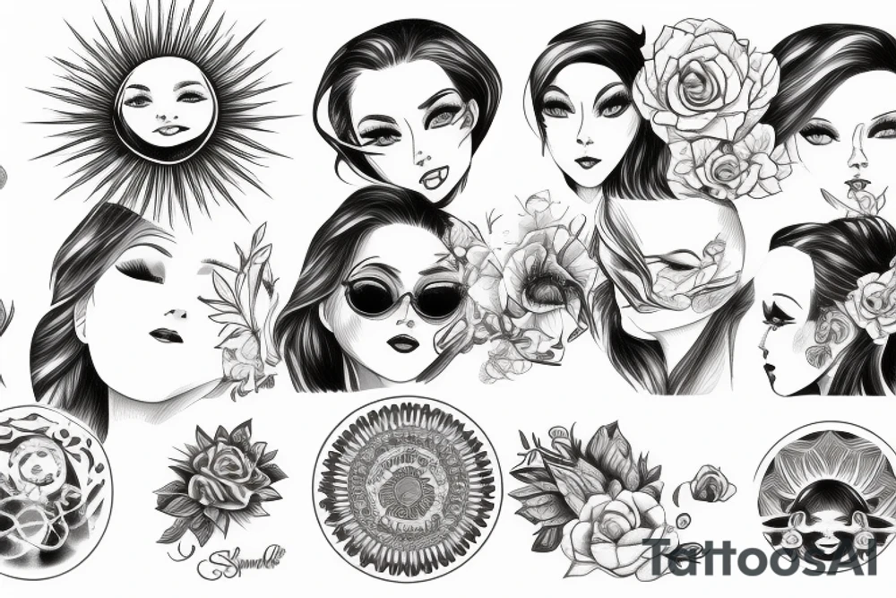 Sun with a beautiful female face, sun rays, circle tattoo idea